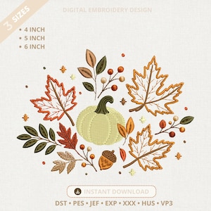 Pumpkin Embroidery Design, Pumpkins Floral Fall Leaves Machine Stitch Pattern Digital File, Thanksgiving Decor