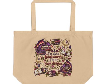 Book Dragon Tote | Organic Cotton, 20"×14"×5" Flat-Bottom Bag