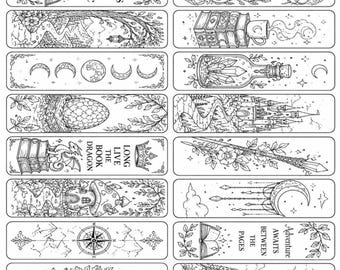 Fantasybokmärke, 20 färgläggbara designer | Digital nedladdning