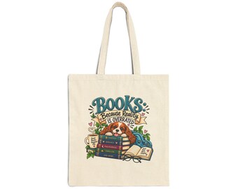 Books Because Reality Is Overrated Tote Bag | Reading Stack Illustration