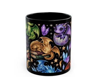 Fantasy Dragon Art Mug | Jewel-Toned Constellation on Black Ceramic