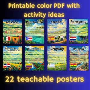 Spanish Classroom Lesson Decor: 22 Printable Posters or info cards of Spanish Speaking Countries with comprehensible phrases and information