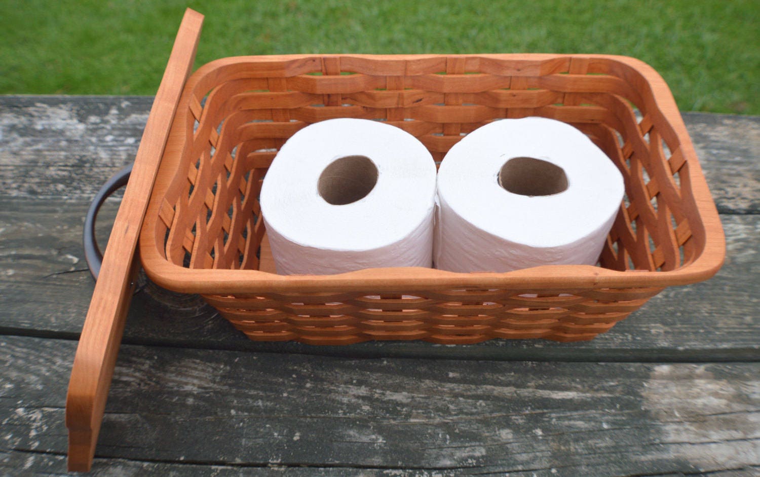Toilet Paper storage basket with lid Oak wood