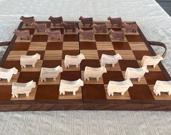wooden checker board, checker board with animal pieces, handmade checker board