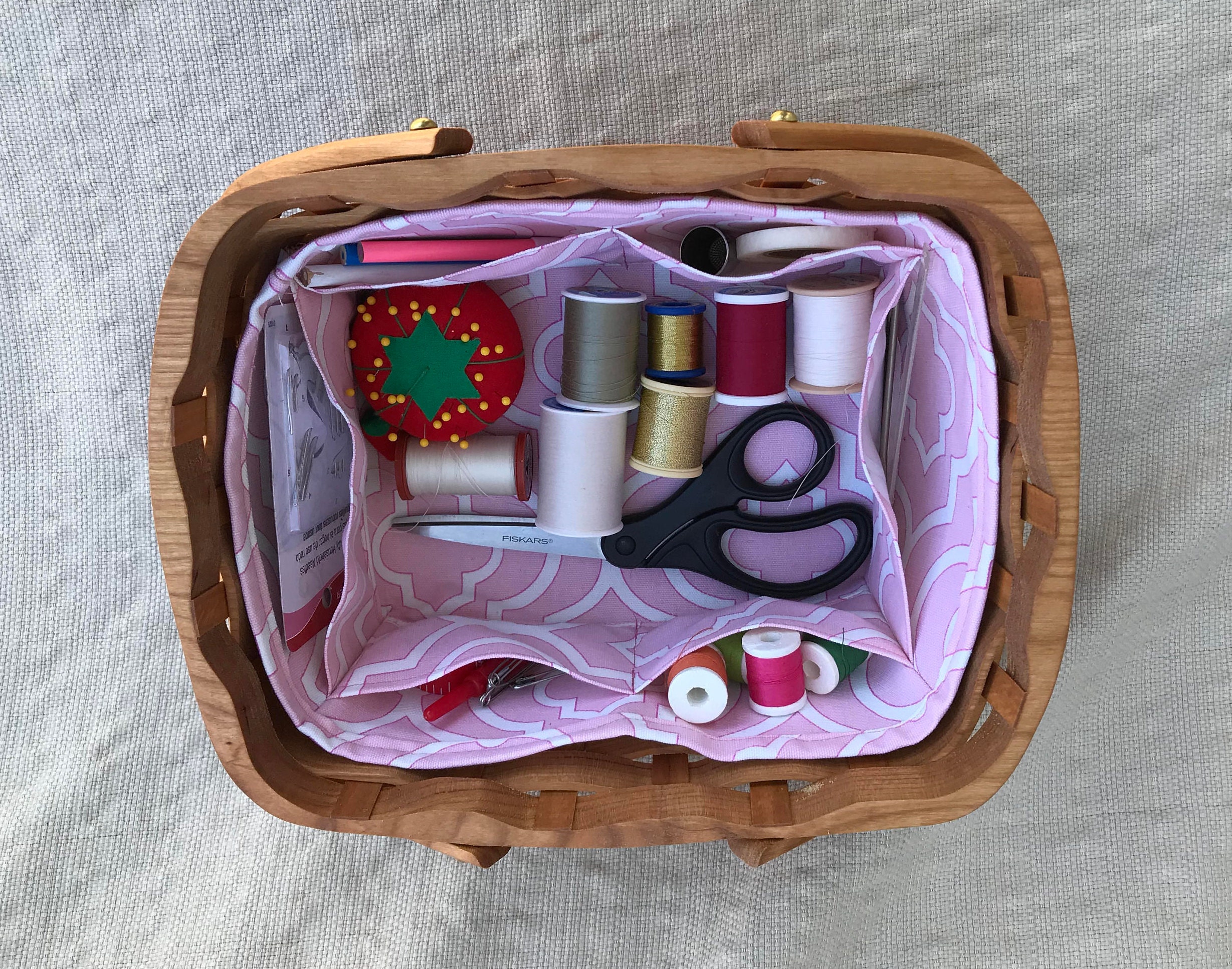 Sewing Basket with lid handles and liner Oak wood
