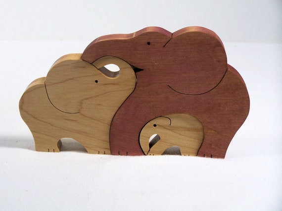 Animal puzzle Maple wood scroll saw cut 3 elephants | Etsy