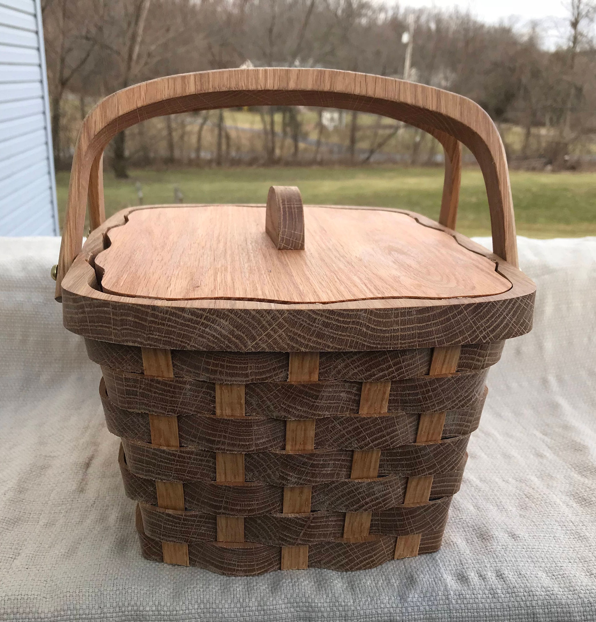 Sewing Basket with lid handles and liner Oak wood