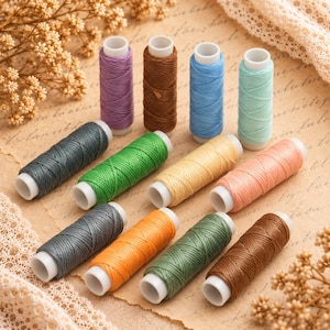 May include: A collection of twelve cylindrical spools of thread in various colors including purple, brown, light blue, mint green, dark gray, bright green, yellow, peach, orange, olive green, and dark brown, each with a white plastic core.