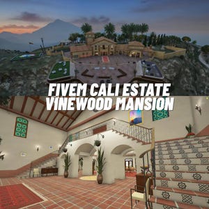 Op de afbeelding: Een digitale weergave van een FiveM Cali Estate Vinewood Mansion. Het bovenaanzicht toont een grote villa met een binnenplaats en helipad. Het onderaanzicht toont een foyer met een tegelvloer, een grote trap en boogvormige deuropeningen.