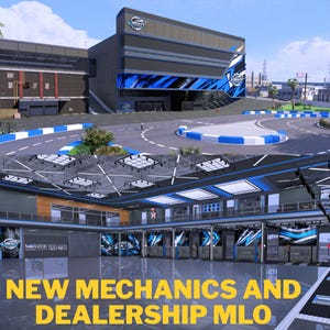 May include: A digital rendering of a modern automotive dealership and garage facility featuring blue and black branding with the Liberty logo. The exterior shows a race track, while the interior displays a spacious showroom with overhead lighting.