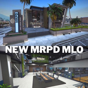 Op de afbeelding: Een digitaal architectonisch model van het Mission Row Police Department met een moderne buitenkant met een hoog bord met de tekst MRPD en een ruime binnenlobby met een grote vergadertafel, bureaus en een groene muur met tekst.