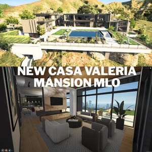 May include: A digital rendering of a modern multi-level mansion with a swimming pool and a landscaped terrace. The interior features an open-concept living room with gray armchairs, a round coffee table, and large windows. Text reads: NEW CASA VALERIA MANSION MLO.