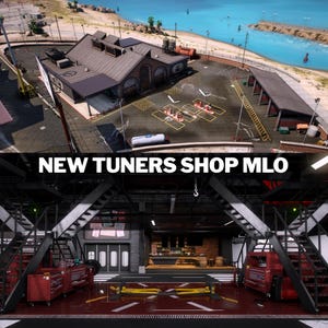 May include: A digital rendering of a tuners shop MLO featuring an exterior view of a brick building with a parking lot and an interior view of a garage with red tool cabinets, metal staircases, and a bar area with the text NEW TUNERS SHOP MLO.