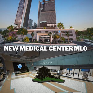 May include: A digital rendering of a medical center featuring a tall skyscraper exterior with a blue medical star logo and a modern, spacious interior lobby with white tiled floors, indoor greenery, and the text NEW MEDICAL CENTER MLO.