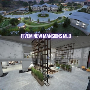 May include: A digital rendering of a large estate with a circular driveway and fountain, paired with an interior view of a spacious room featuring a tall, dark metal open-frame shelving unit, marble-patterned walls, and the text FIVEM NEW MANSIONS MLO.