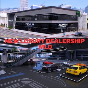 May include: A two-storey modern car dealership building with glass walls and the text Premium Luxury Autos displayed on the exterior. The interior features an escalator, multiple display platforms, and several sports cars in yellow, black, and red.
