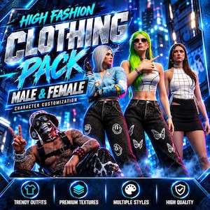 May include: A digital graphic featuring four characters wearing various outfits including a light blue jacket, black jeans with butterfly and smiley face prints, a white crop top, and a black skirt. The text reads High Fashion Clothing Pack.