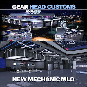 May include: A digital rendering of a modern automotive workshop titled Gear Head Customs. The image displays a sleek, multi-level facility with neon lighting, a spacious garage floor, and a sign featuring a gear and piston logo at night.