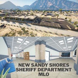 May include: A digital rendering of a sheriff department building exterior with a parking lot and helipad, and an interior view featuring a waiting area with blue chairs, white walls, and the text NEW SANDY SHORES SHERIFF DEPARTMENT MLO.
