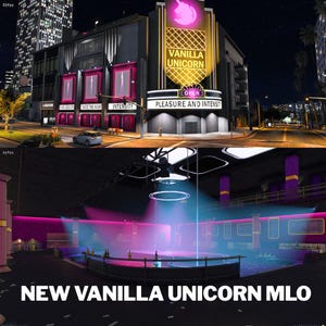 Op de afbeelding: Een digitale weergave van de buitenkant van het Vanilla Unicorn-gebouw 's nachts met neonverlichting met de tekst Pleasure and Intensity, en een interieur van een nachtclub met een centraal podium, danspaal en paarse en blauwe sfeerverlichting.