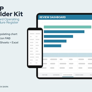 May include: SOP Builder Kit Standard Operating Procedure Register with 5 tabs, 1 auto-updating chart, 11-question FAQ for Google Sheets and Excel. The display shows a tablet and smartphone interface with a Review Dashboard and data visualization.