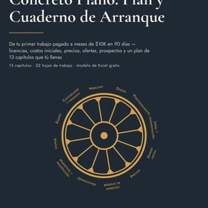 以下が含まれることがあります： Concreto Plano: Plan y Cuaderno de Arranqueというタイトルのダークブルーのビジネスワークブック。表紙には、ビジネス用語が記載されたセグメントに分割された金色の円形グラフィック、13の章、52のワークシート、無料のExcelテンプレートが掲載されています。