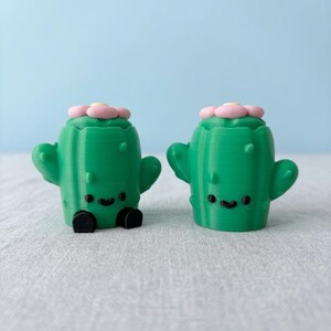 Puede incluir: Dos pequeñas figuras de cactus verdes con texturas acanaladas, cada una rematada con una flor rosa claro. Los cactus presentan ojos y bocas sonrientes pintados en negro, con una figura que muestra pequeños pies negros en la base.