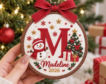 Personalized Christmas Embroidery Hoop Ornament, Custom Name Initial Ornament, Snowman Christmas Tree Decoration, Baby First Christmas Gift