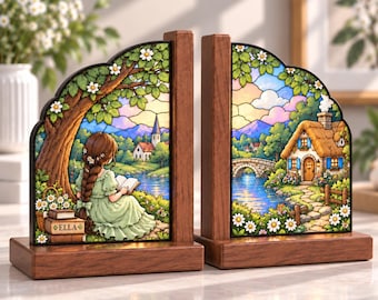 May include: Two wooden bookends featuring stained glass-style panels. The left panel shows a person with a long braid reading a book under a tree, with the name ELLA on a stack of books. The right panel depicts a cottage by a river and stone bridge.