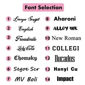 May include: A font selection chart featuring fourteen numbered options in black text on a white background. The list includes Loveya Script, English, Froadmile, Loki Cola, Chomsky, Segoe Scr, MV Boli, Aharoni, ALLOY INK, New Roman, COLLEGI, Ducados, Hanyi Cu, and Impact.