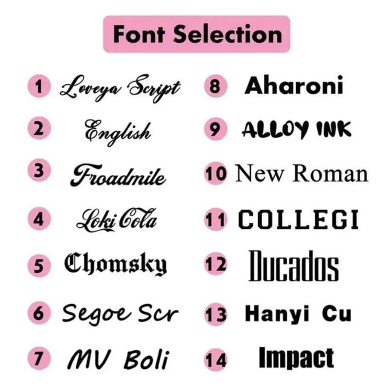 May include: A font selection chart featuring fourteen numbered options in black text on a white background. The list includes Loveya Script, English, Froadmile, Loki Cola, Chomsky, Segoe Scr, MV Boli, Aharoni, ALLOY INK, New Roman, COLLEGI, Ducados, Hanyi Cu, and Impact.