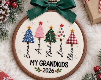 Personalized Grandkids Christmas Ornament, Custom Grandchildren Names Embroidery Hoop, Christmas Tree Family Ornament, Grandma Grandpa Gift