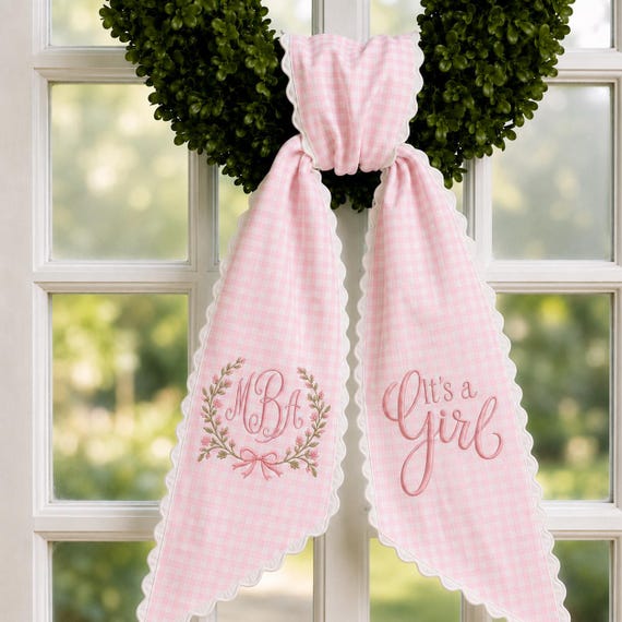 Personalized Baby Announcement Sash, It’s a Girl Door Bow, Pink Gingham Monogram Sash, Embroidered Nursery Door Decor, Baby Shower Gift