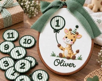 Personalized Giraffe Birthday Embroidery Hoop, First Birthday Milestone Photo Prop, Baby Name Hoop, Safari Nursery Decor, Baby Shower Gift