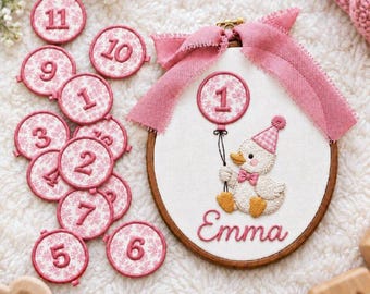 Personalized Duck Birthday Embroidery Hoop, First Birthday Milestone Tracker, Custom Baby Girl Name Sign, Nursery Decor, Baby Shower Gift