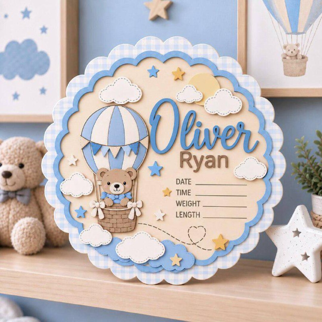 Personalized Baby Birth Stats Sign, Custom Wooden Name Sign, Hot Air ...