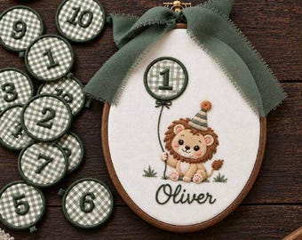 Personalized Baby Milestone Embroidery Hoop, Lion First Birthday Sign, Custom Baby Name Hoop, Monthly Milestone Numbers,Safari Nursery Decor