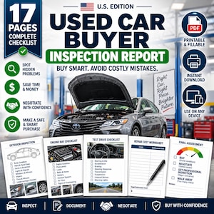May include: A 17-page used car buyer inspection report checklist featuring a car with an open hood. The document includes sections for exterior inspection, engine bay, test drive, repair cost worksheet, and final assessment with a gauge graphic.