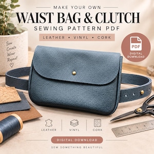 Può includere: Un cartamodello digitale in PDF per un marsupio e una pochette blu testurizzati. L'immagine mostra la borsa finita con una chiusura a bottone in ottone, insieme a materiale da cucito, filo, campioni di tessuto, forbici e un righello.