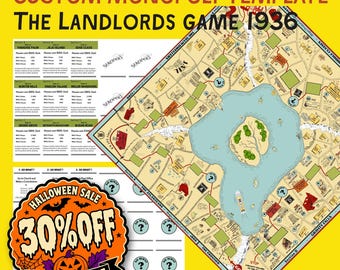 May include: A custom board game template titled The Landlords Game 1936, featuring a square board with a central lake and island, property sections, and a Halloween sale sticker with 30% OFF text on a bright yellow background.