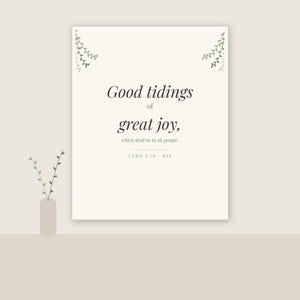 Może przedstawiać: Prostokątny wydruk ścienny na kremowym tle z czarnym tekstem Good tidings of great joy, which shall be to all people. LUKE 2:10 KJV. Projekt zawiera małe ilustracje zielonych pnączy z liśćmi w górnych rogach obrazu.
