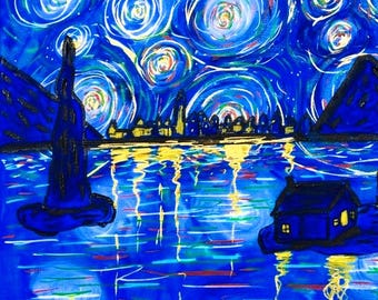 Original Acrylic Painting: Brittany Night Scene, Signed Artist (50x40cm)