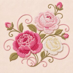 Peut inclure: Un motif de broderie représentant trois roses dans des tons de rose foncé, rose clair et crème, accompagnées de feuilles vert olive et de tiges roses délicatement entrelacées. L'ensemble floral inclut deux petits boutons de rose fermés.
