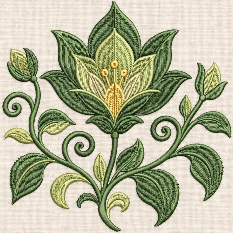 Lotus Flower Embroidery Design, Botanical Vine & Elegant Green Foliage ...