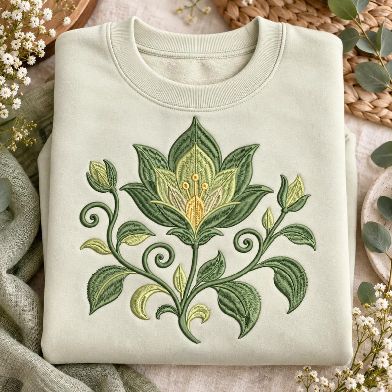 Lotus Flower Embroidery Design, Botanical Vine & Elegant Green Foliage ...