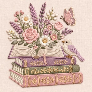 May include: An embroidery design featuring a stack of three vintage-style books with ornate gold spines. An open book rests on top, overflowing with embroidered lavender, pink roses, white daisies, a pink butterfly, and a small light-colored bird.