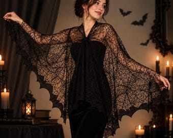 Black Spiderweb Lace Shawl, Bat Wing Cape, Gothic Halloween Wrap, Sheer Cobweb Cloak, Witchy Costume Accessory