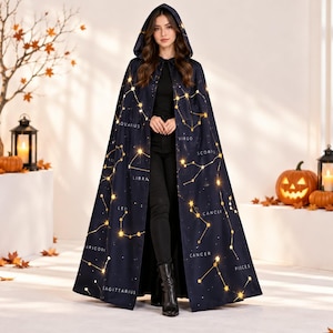 Unisex Zodiac Constellation Hooded Cape Cloak, Celestial Starry Halloween Costume, Astrology Witch Cosplay, Long Mystic Fantasy Cloak