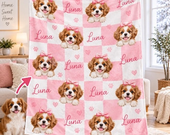 Personalized Puppy Girl Blanket, Custom Pet Face Throw, Bow Dog Name Blanket, Cute Pet Gift for Dog Lovers