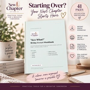 Könnte beinhalten: Ein hellgrünes 90-Tage-Neustart-Arbeitsbuch mit dem Titel "Now What?" und 41 Seiten in A4- und US-Letter-Größe. Das Cover zeigt den Text "New Chapter After 40" und listet Abschnitte zu Themen wie Fundament, Geld, Identität und Denkweise auf.